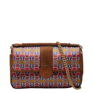 Fendi Double F Handbag Chain Shoulder Bag Brown Multicolor Suede Satin